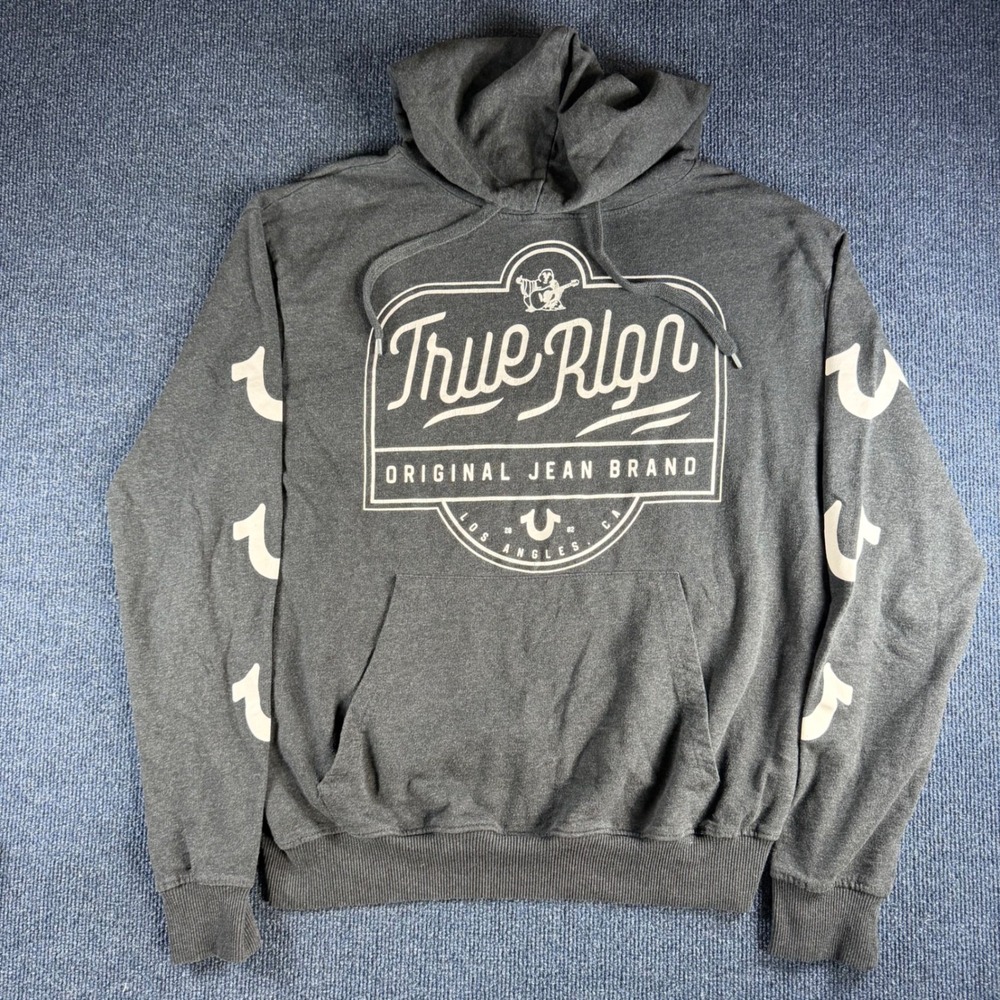 True Religion Pullover Hoodie Mens L 22.5 Pit Gray Horseshoe Streetwear